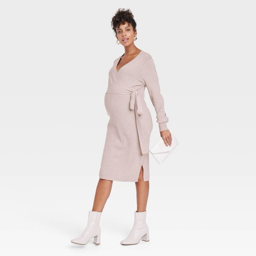 Isabel Maternity Women’s Chilly Mauve Long Sleeve Tie-Front Sweater Dress